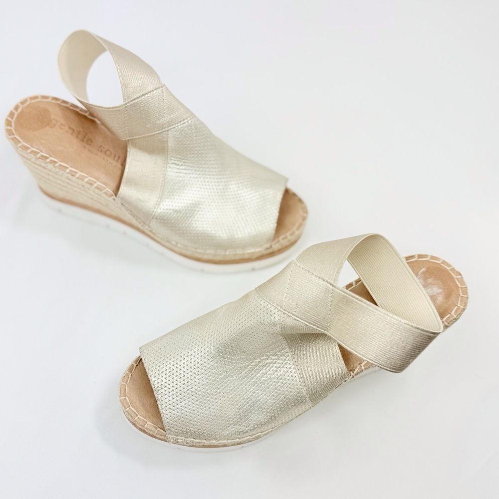 Gentle Souls CRISTA Gold Leather Tan Woven Open Toe Espadrille Wedge Sandals
